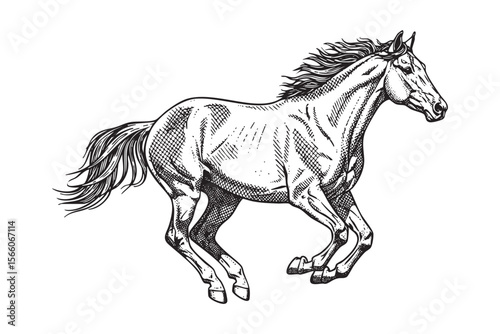 Galloping Horse Vector Engraving Illustration