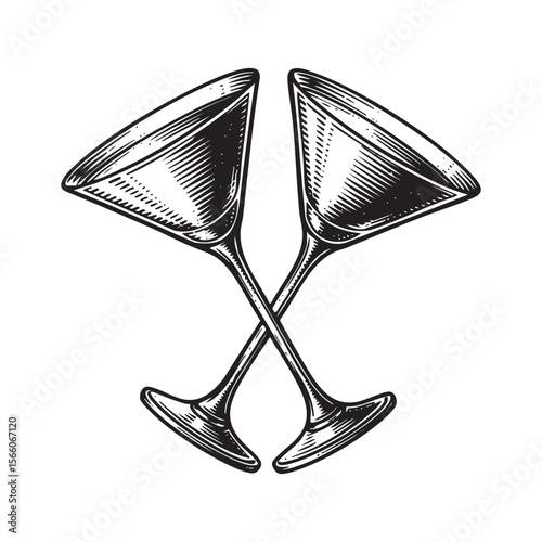 Toasting Martini Glasses Vector Engraving Illustration