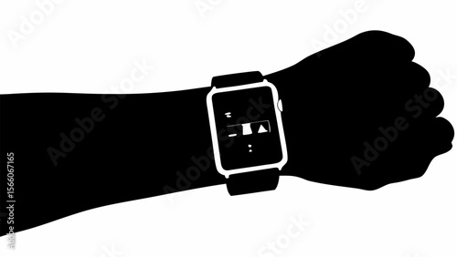 Silhouette of a person's arm wearing a smartwatch with an illuminated display against a white background