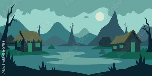 Forgotten Village Houses Half Covered In Swamp