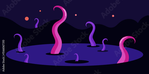 Tentacles Rising From Black Pond At Night