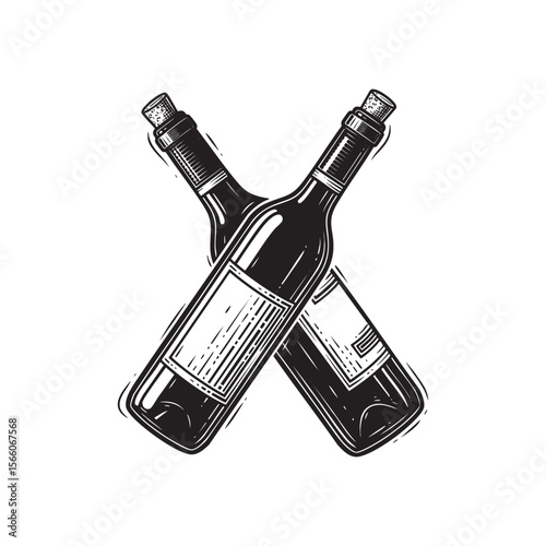Crossed Wine Bottles Vector Engraving Illustration