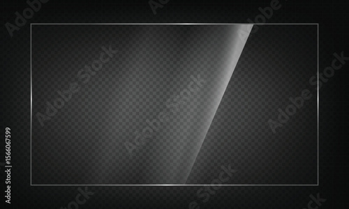 Crystal-clear acrylic sheet. Transparent plastic panel with high gloss. Realistic glare and reflections. Perfect for product displays and design mockups. Vector illustration.