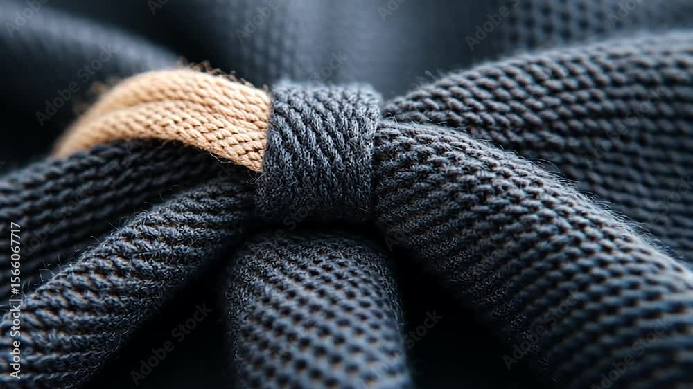 Macro shot showcasing the intricate knot of a dark blue drawstring. The texture of the woven material is highlighted, with a band of light brown fabric adding a subtle contrast. Soft lighting