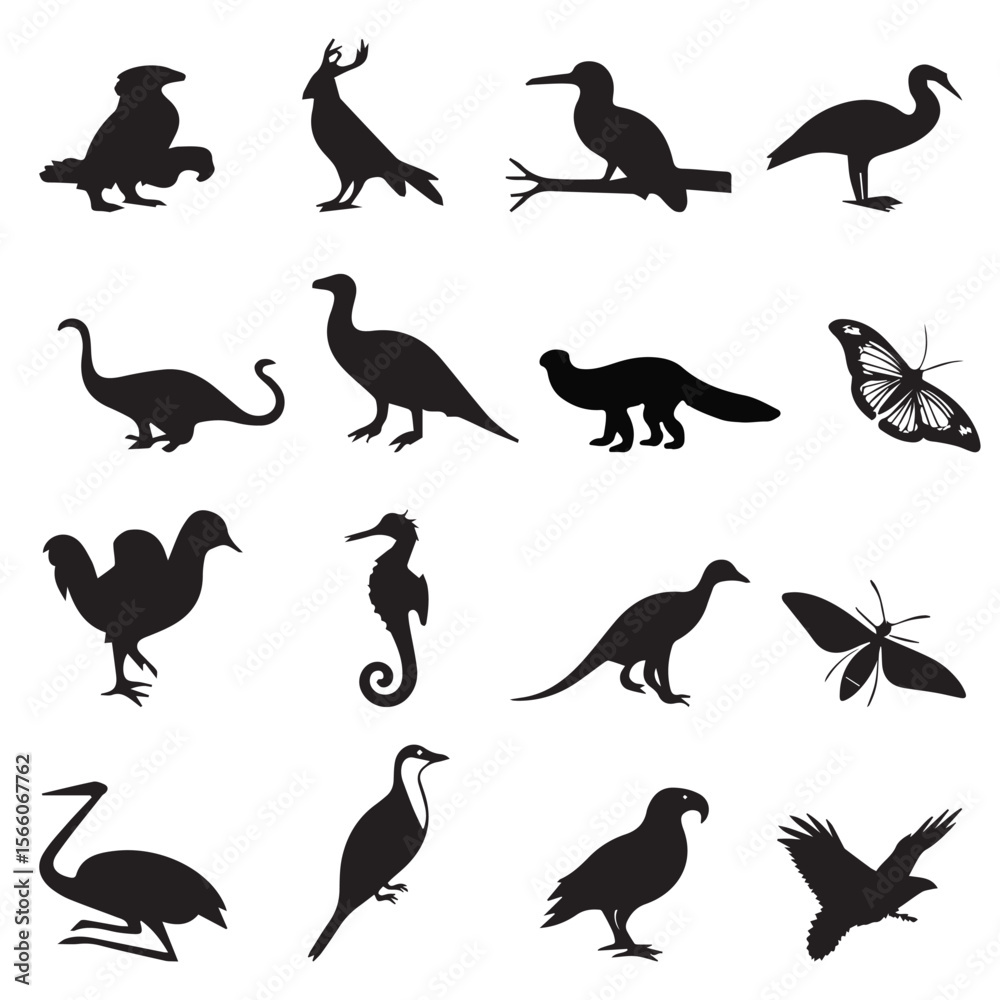 Obraz premium Bird, Dinosaur, Butterfly, and Animal Silhouette Vector Set