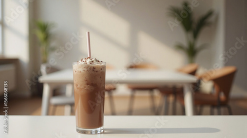 Iced Chocolate Drink in Clear Glass with Whipped Cream
