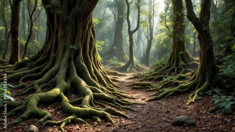 Ancient gnarled roots and moss-covered trunks of old trees stand tall in the serene forest landscape