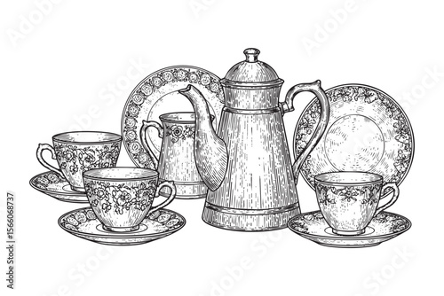 Vintage Coffee Tea Pot and Cups Set Vector Engraving