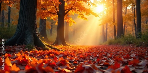 Golden Sunlight Illuminates Autumn Forest Floor A Carpet of Red, Orange, and Yellow Leaves
