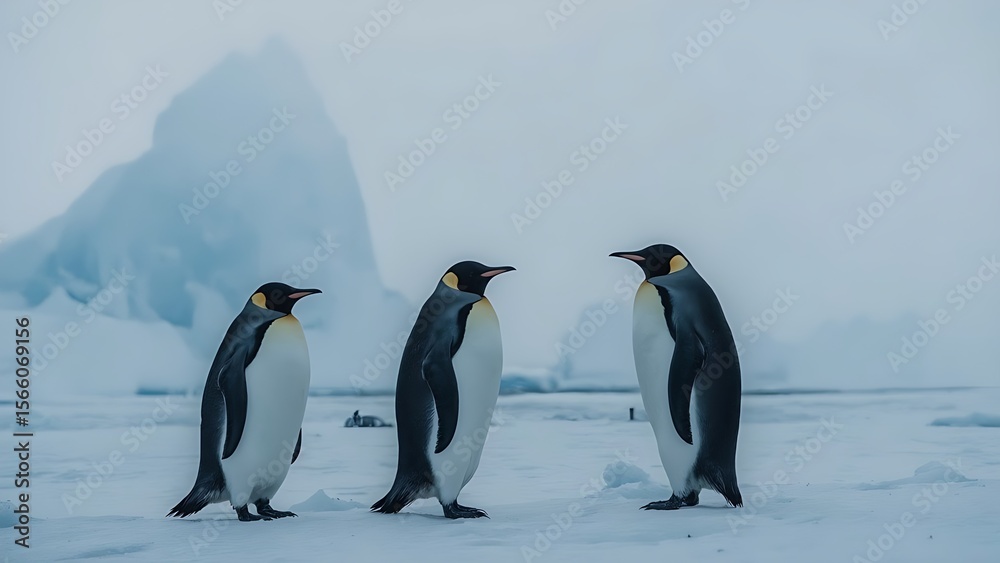 Fototapeta premium Three emperor penguins standing together on a windswept Antarctic plain. The scene is immersed in soft celeste-blue tones, creating a serene and icy atmosphere.