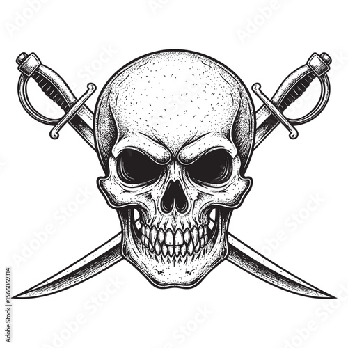 Pirate Skull and Crossed Swords Vector Engraving Illustration