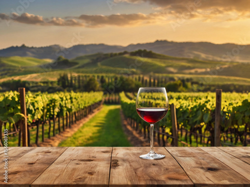 Red wine glass on wooden table overlooking vineyard landscape image