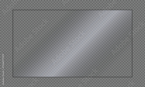 Clear, shiny acrylic sheet. Transparent plastic panel. Realistic glare and reflection on a see-through surface. Ideal for showcasing objects or designs. 