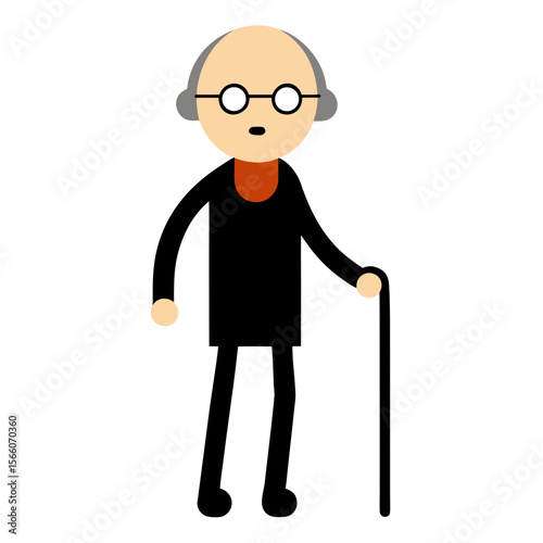 Stylized cartoon of a senior man with glasses and a cane standing
