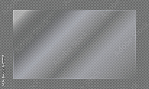 Clear, shiny acrylic sheet. Transparent plastic panel. Realistic glare and reflection on a see-through surface. Ideal for showcasing objects or designs. 