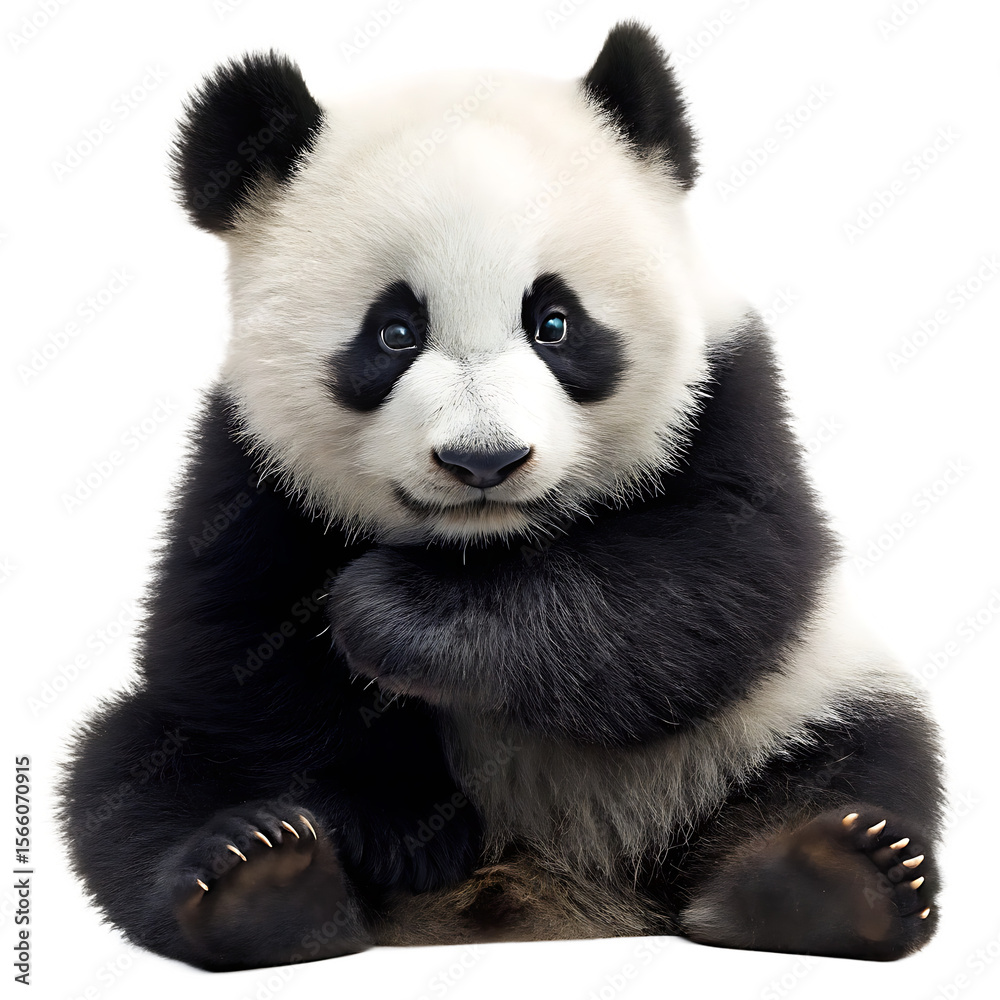 Obraz premium Fluffy baby panda cub sitting isolated on a transparent background adorable