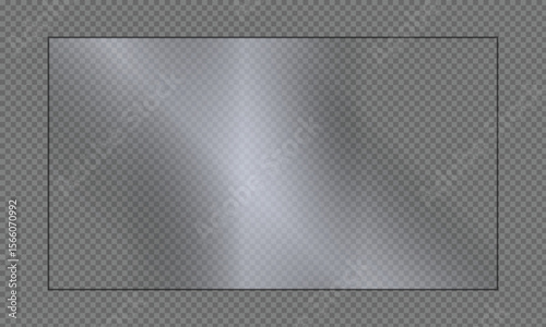Clear, shiny acrylic sheet. Transparent plastic panel. Realistic glare and reflection on a see-through surface. Ideal for showcasing objects or designs. 