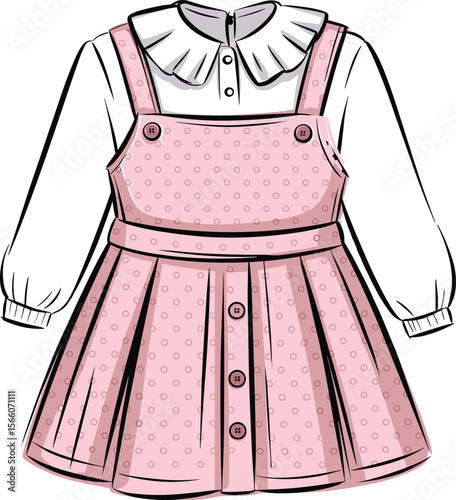 Charming Pink Polka Dot Pinafore Dress with White Collared Shirt, Vintage-Inspired Kids Fashion Illustration