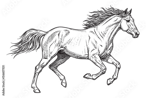 Galloping Horse Vector Engraving Illustration