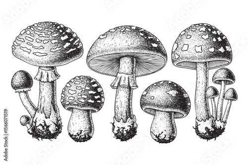 Wild Mushrooms Vector Engraving Set