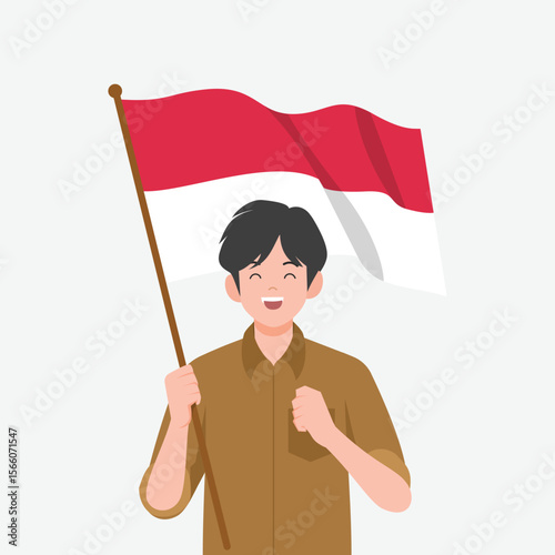 Indonesian Male Teacher or PNS Holding Indonesian Flag Illustration
