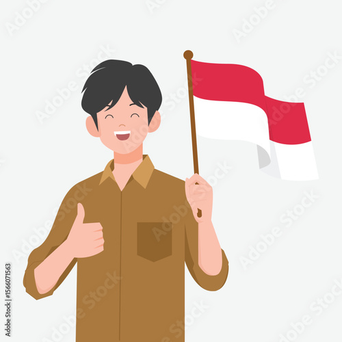 Indonesian Male Teacher or PNS Holding Indonesian Flag Illustration
