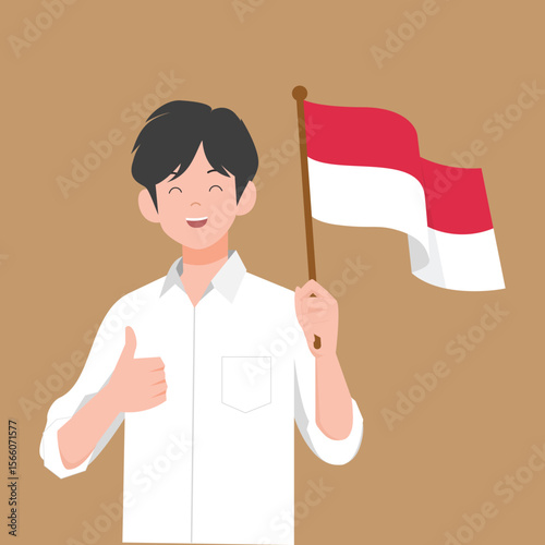 Indonesian Male Teacher or PNS Holding Indonesian Flag Illustration