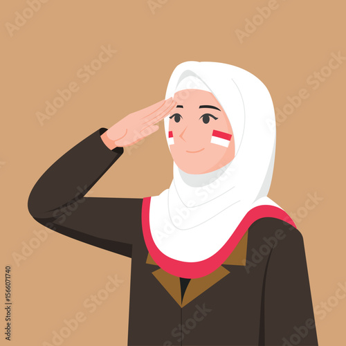 Indonesian Female Teacher Wearing Hijab Saluting on Independence Day
