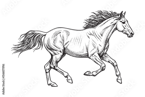 Galloping Horse Vector Engraving Illustration