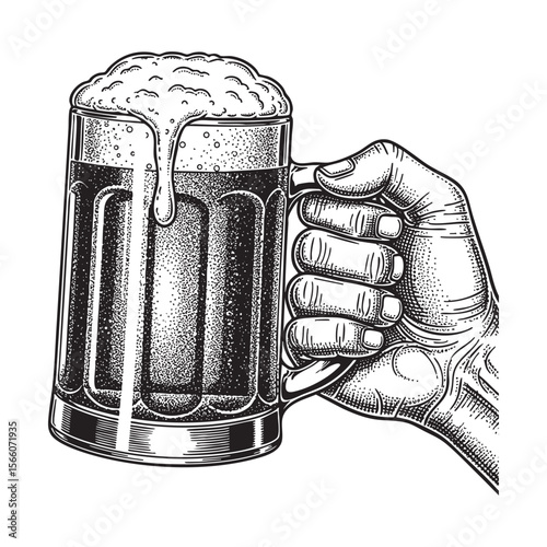 Hand Holding Foaming Beer Mug Vector Engraving Illustration