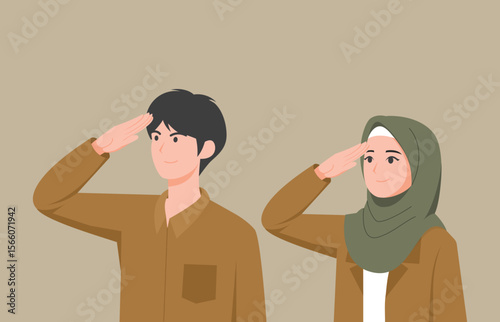 Indonesian Civil Servants Male and Female Saluting Illustration
