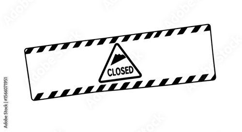 Graphic showing a slope and closed sign with striped border in black and white, indicating restriction, hazard and warning, silhouette