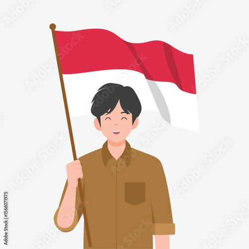 Indonesian Male Teacher or PNS Holding Indonesian Flag Illustration
