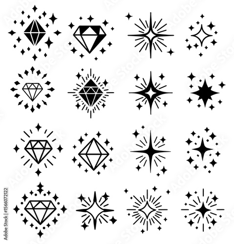 Collection of sparkling diamonds and stars illustrations in black and white, ideal for design elements or decorative accents, silhouette