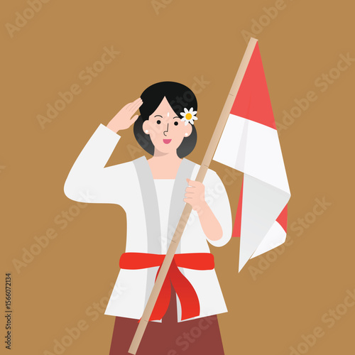 Indonesian Woman Saluting with Flag Vector Illustration
