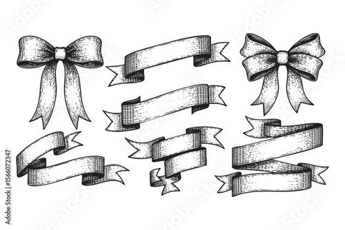 different styles of ribbons and bows Vector Engraving Illustration