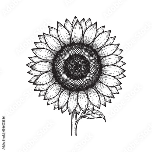 Sunflower Blossom Vector Engraving Illustration

