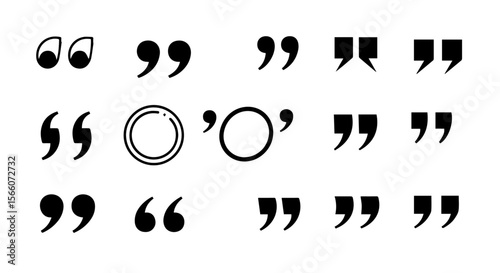 Black and white design shows different variations of punctuation and quotation marks, including artistic interpretations, silhouette