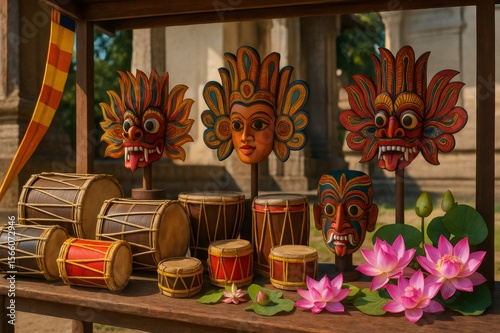 Traditional sri lankan masks and drums displayed with lotus flowers