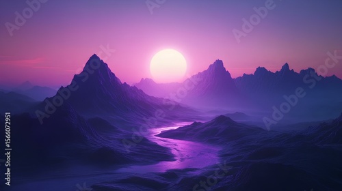 Neon sun over retro synthwave mountainscape in pink hues