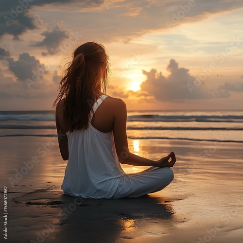 Young woman meditating on beach at golden sunset