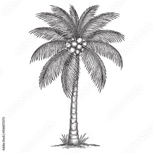 Tropical Coconut Palm Tree Vector Engraving Illustration