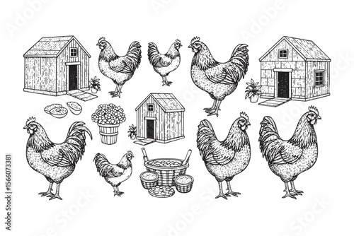 comprehensive Farm Elements with Chickens and Coops Vector Engraving Set