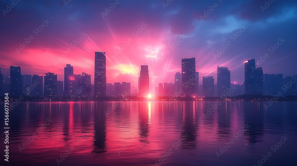 Fototapeta premium Colorful city skyline at sunrise over water
