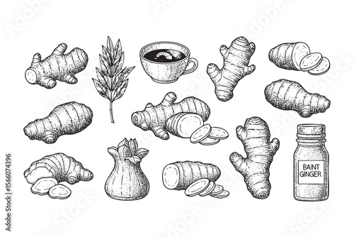 Ginger Root and Tea Vector Engraving Set