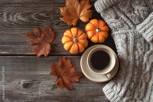 Coffee and autumn leaves flat lay