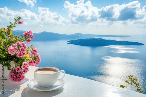 Enjoying sunny morning coffee on a Santorini balcony overlooking the stunning sea view, Sunny Morning Coffee on a Balcony in Santorini Overlooking the Caldera