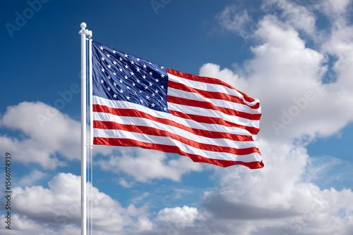 American flag in the wind on blue sky