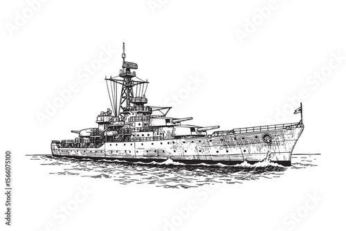Warship Vector Engraving Illustration