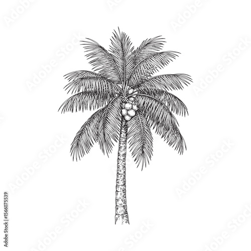 Tropical Coconut Palm Tree Vector Engraving Illustration


